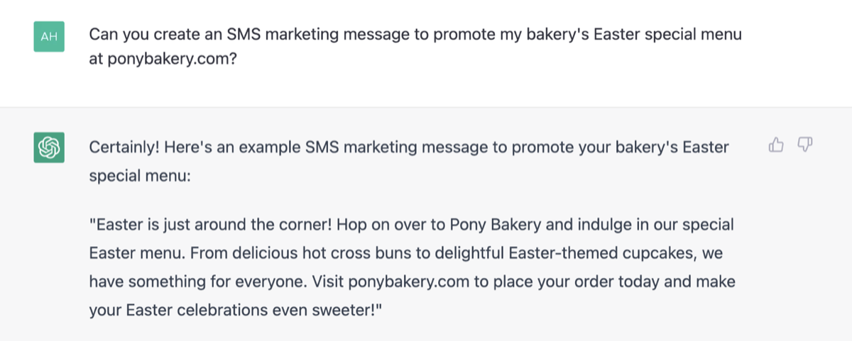 Example of the SMS marketing message for small business generated by Chat GPT