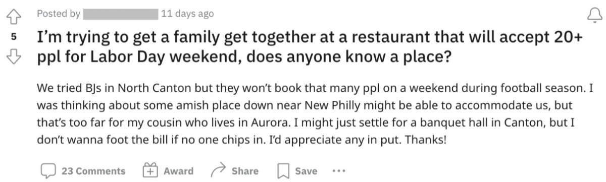 Increasing restaurant search for Labor Day family gathering on Reddit | SMS marketing