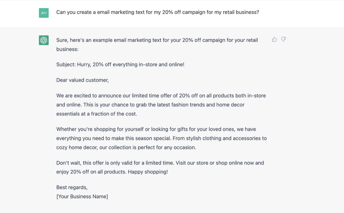 Using Chat GPT to generate email marketing drafts