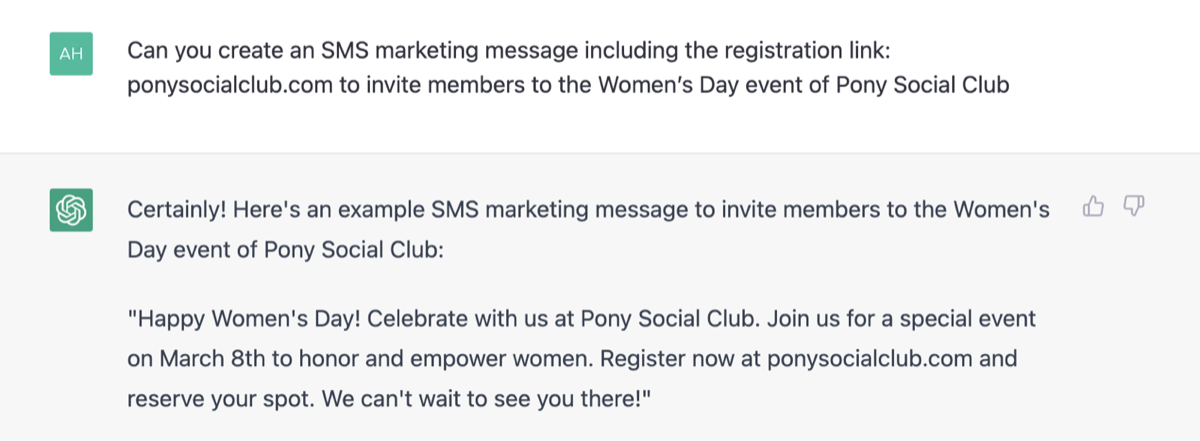 Example of the SMS marketing message for organizations generated by Chat GPT