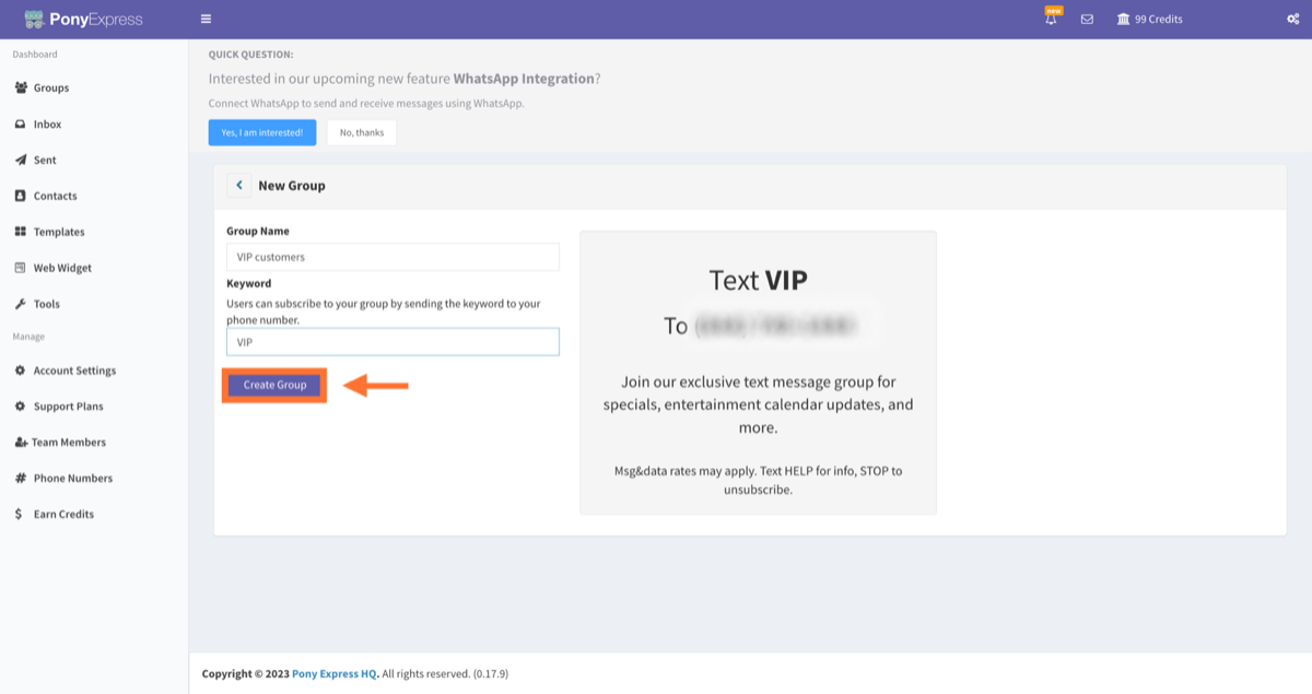 Create text keyword in Mass text messaging - Pony Express HQ