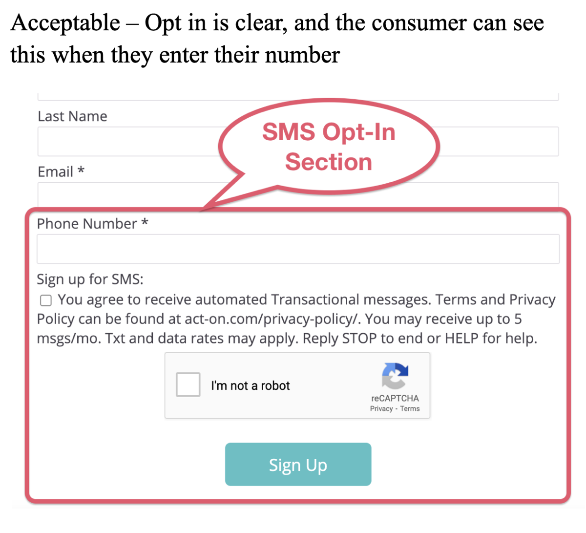 Acceptable SMS opt-in widget example: