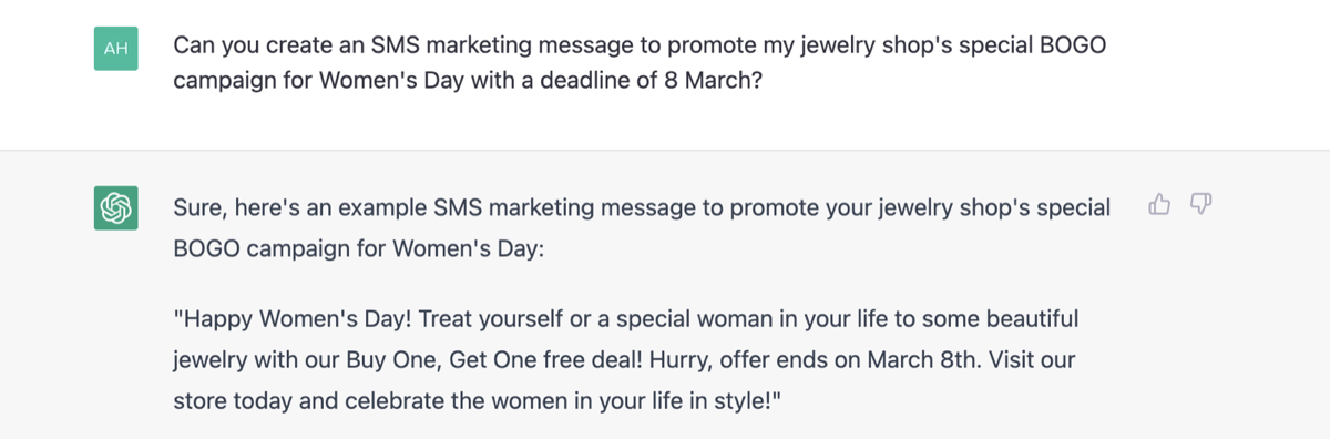 Example of the SMS marketing message for small business generated by Chat GPT