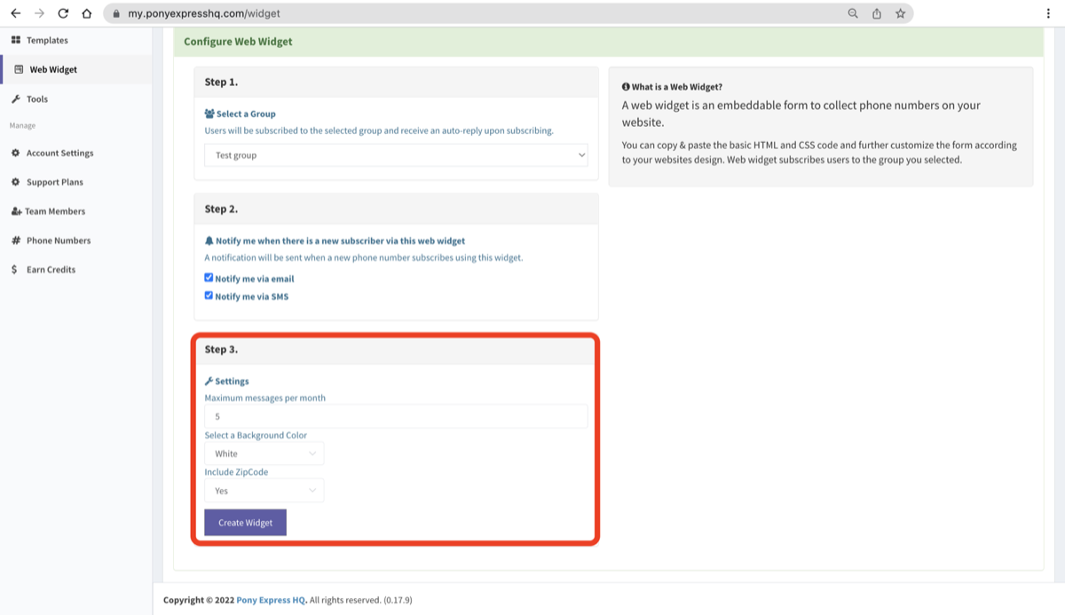 5. Select the number of maximum messages per month, background color preference, and ZipCode preferences.