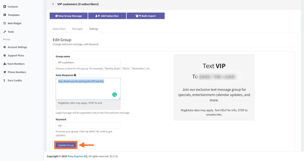 Create auto-reply message in mass text messaging - Pony Express HQ