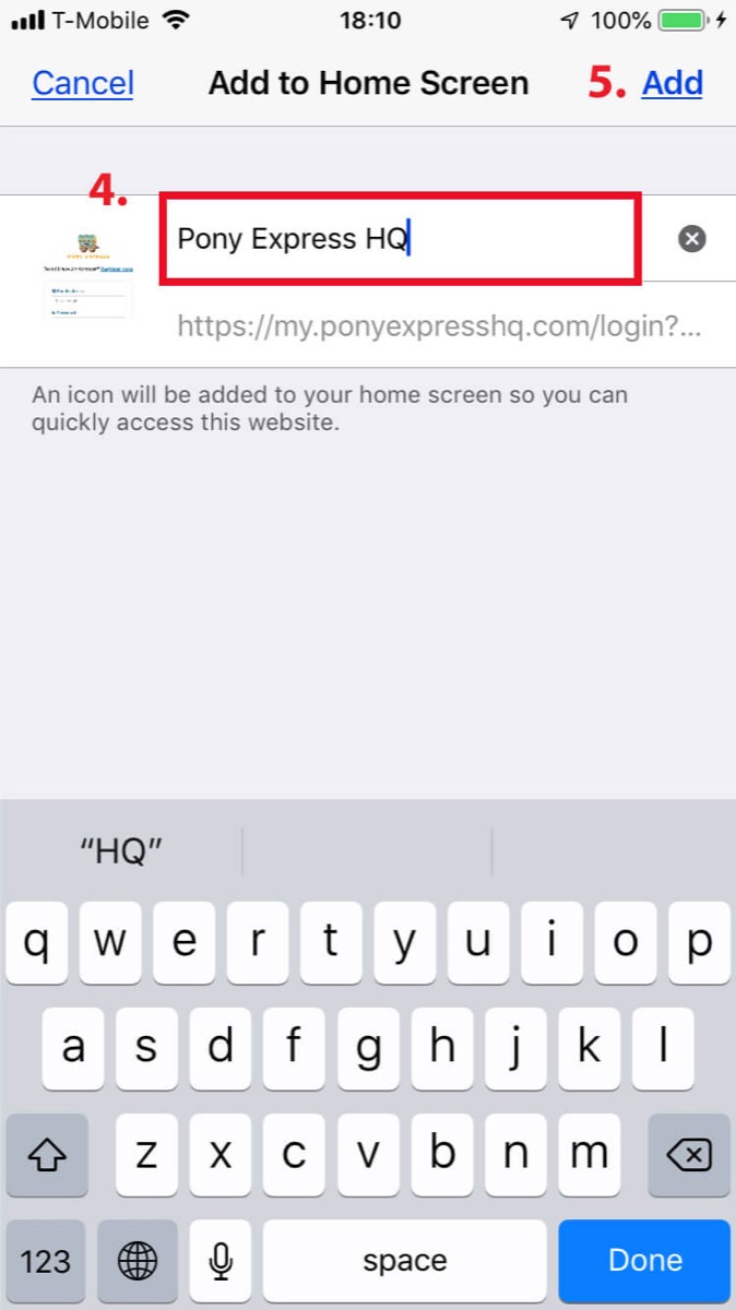 Step 4: How to bookmark Pony Express HQ Dashboard to your mobile home screen?