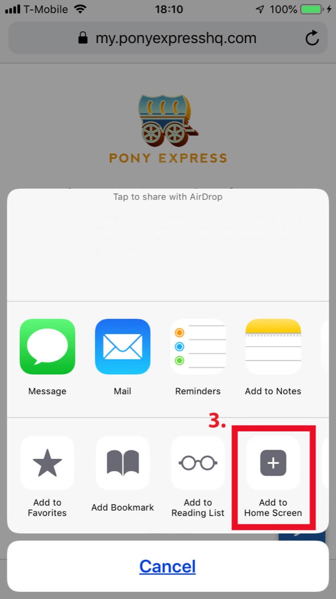 Step 3: How to bookmark Pony Express HQ Dashboard to your mobile home screen?