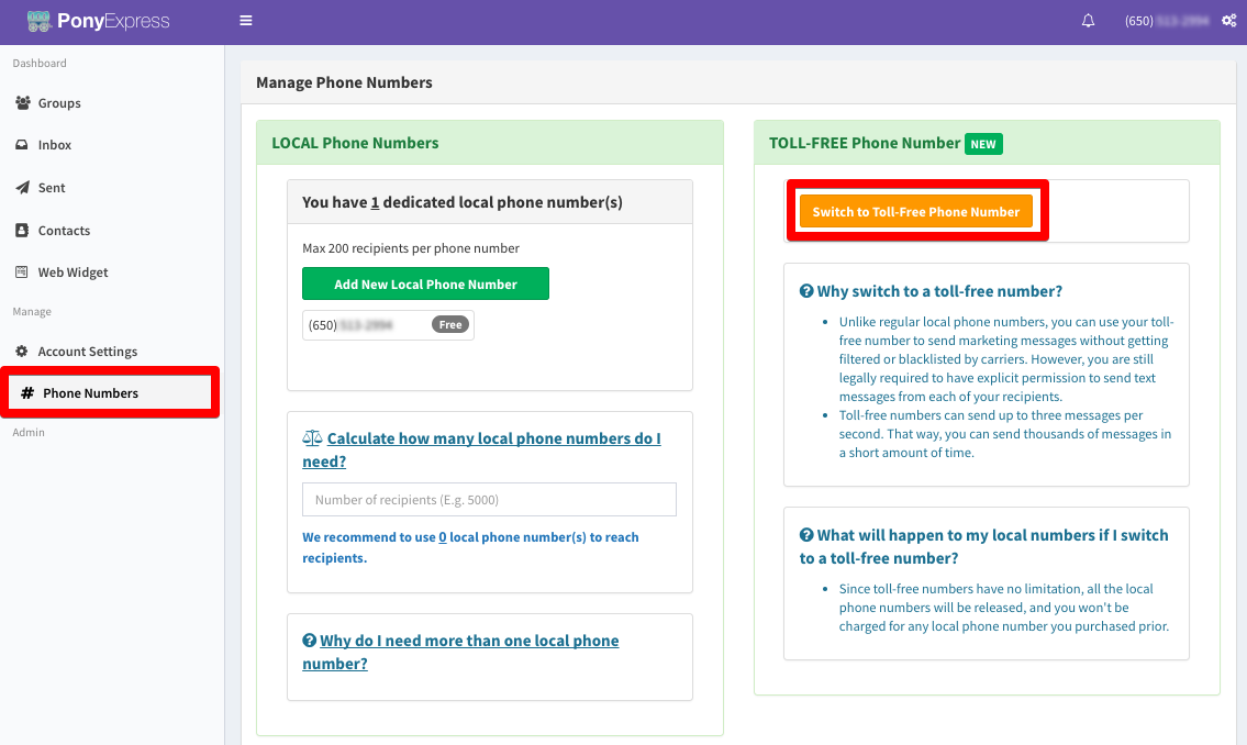 Pony Express mass text messaging dashboard | Text marketing