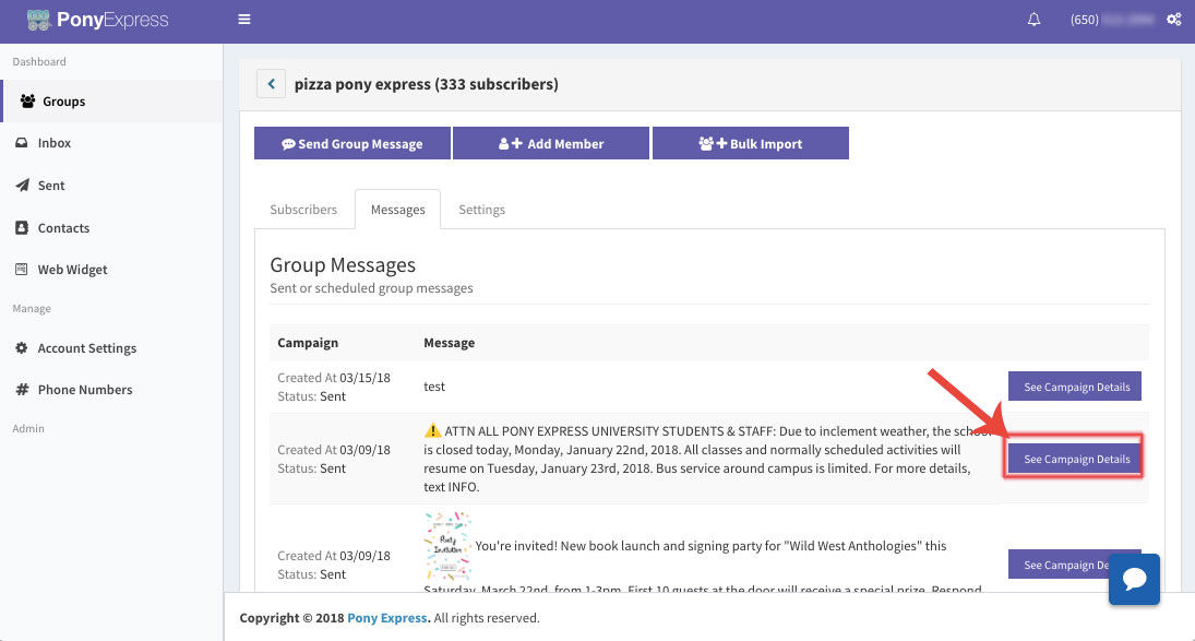 See Campaign Details Pony Express | Text marketing