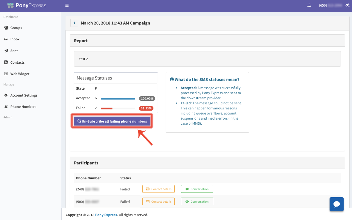 Click "Un-subscribe all failed numbers" | Text marketing